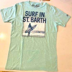 Teal cotton “Surf in Saint Barth” printed mens t-shirt